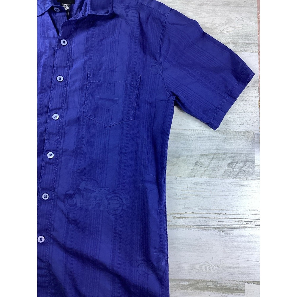 Harley Davidson Blue SS Mens Med Tone-on-Tone Motorcyle Graphics Button Up - Picture 4 of 12